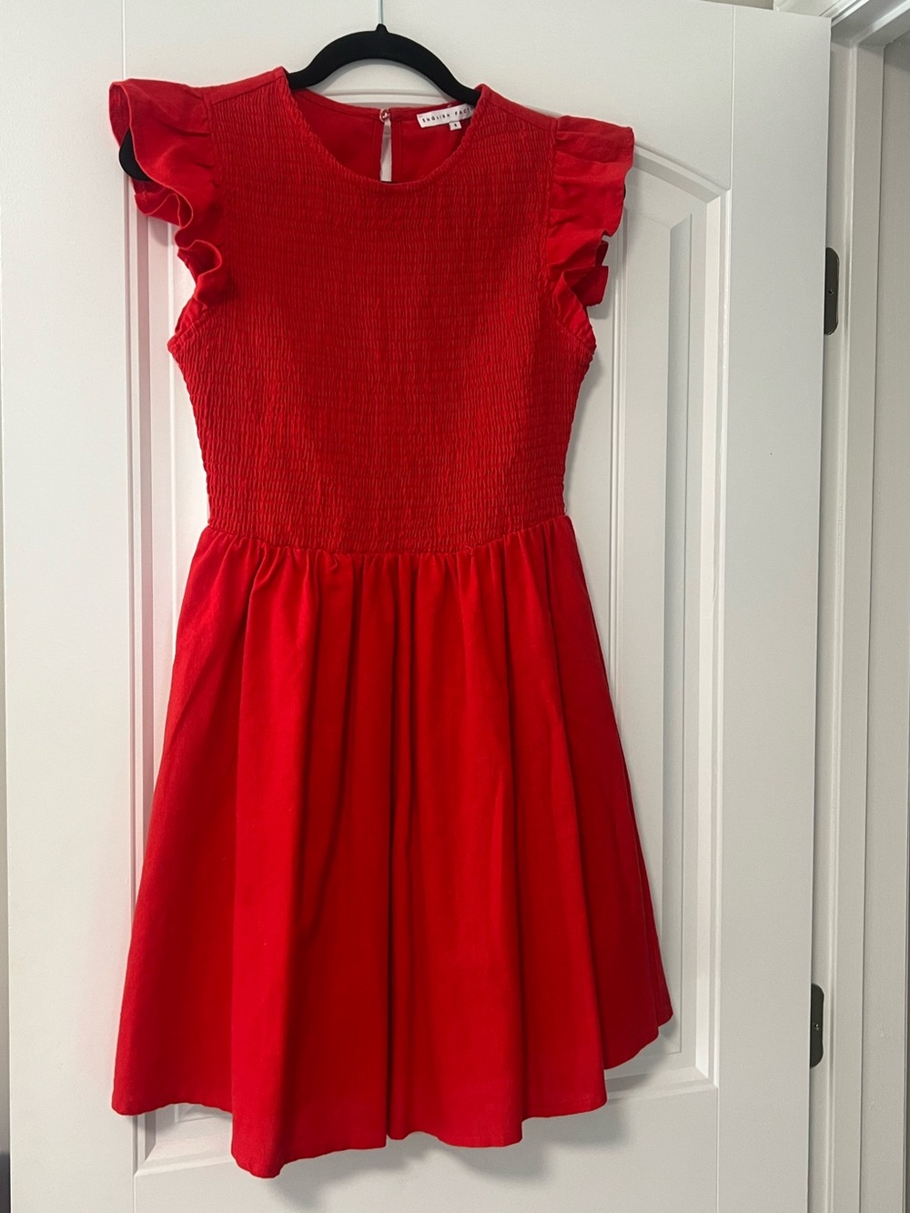 English Factory Red Smocked Bodice Flutter Sleeve Dress